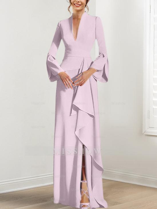 V-Neck Floor-Length Mother of the Bride Dress With Side Split and Long Sleeves