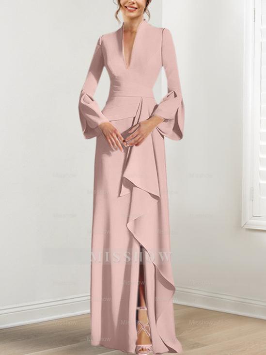 V-Neck Floor-Length Mother of the Bride Dress With Side Split and Long Sleeves