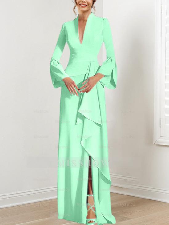 V-Neck Floor-Length Mother of the Bride Dress With Side Split and Long Sleeves