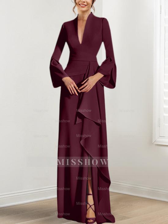 V-Neck Floor-Length Mother of the Bride Dress With Side Split and Long Sleeves