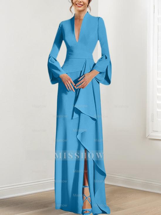 V-Neck Floor-Length Mother of the Bride Dress With Side Split and Long Sleeves