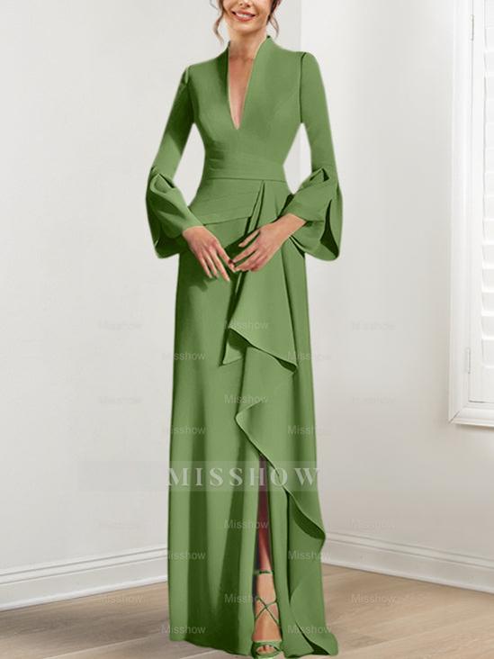 V-Neck Floor-Length Mother of the Bride Dress With Side Split and Long Sleeves