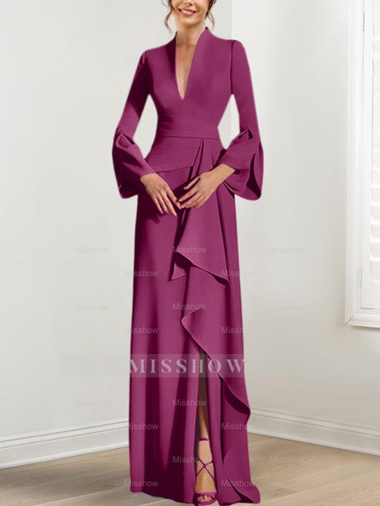 V-Neck Floor-Length Mother of the Bride Dress With Side Split and Long Sleeves