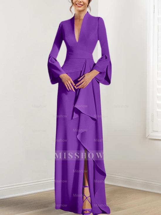 V-Neck Floor-Length Mother of the Bride Dress With Side Split and Long Sleeves