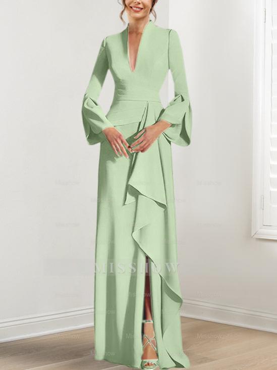 V-Neck Floor-Length Mother of the Bride Dress With Side Split and Long Sleeves