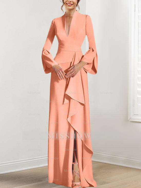 V-Neck Floor-Length Mother of the Bride Dress With Side Split and Long Sleeves