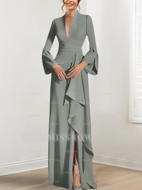 V-Neck Floor-Length Mother of the Bride Dress With Side Split and Long Sleeves