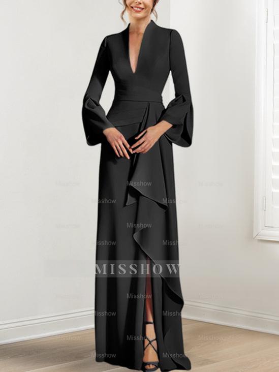 V-Neck Floor-Length Mother of the Bride Dress With Side Split and Long Sleeves