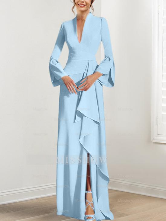 V-Neck Floor-Length Mother of the Bride Dress With Side Split and Long Sleeves