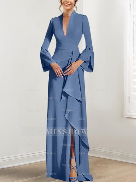 V-Neck Floor-Length Mother of the Bride Dress With Side Split and Long Sleeves
