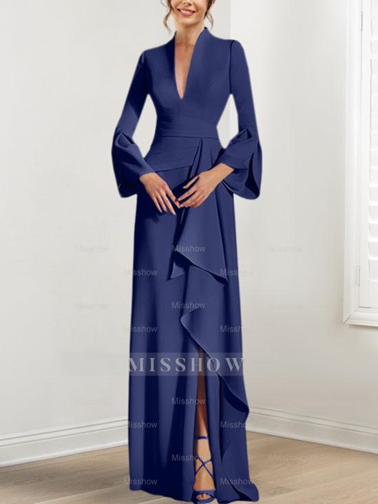 V-Neck Floor-Length Mother of the Bride Dress With Side Split and Long Sleeves