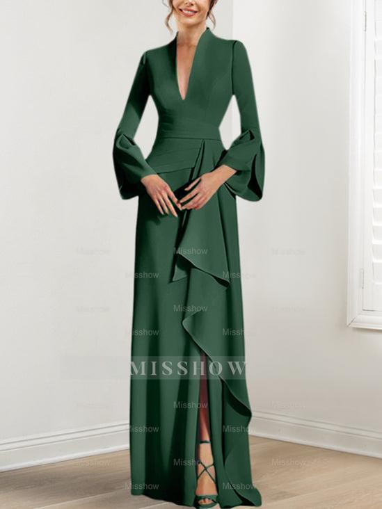 V-Neck Floor-Length Mother of the Bride Dress With Side Split and Long Sleeves