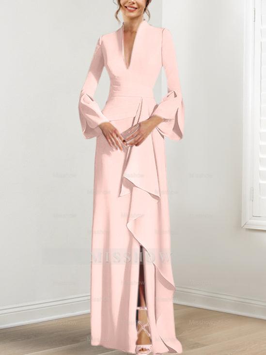 V-Neck Floor-Length Mother of the Bride Dress With Side Split and Long Sleeves