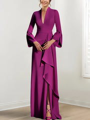 V-Neck Floor-Length Mother of the Bride Dress With Side Split and Long Sleeves