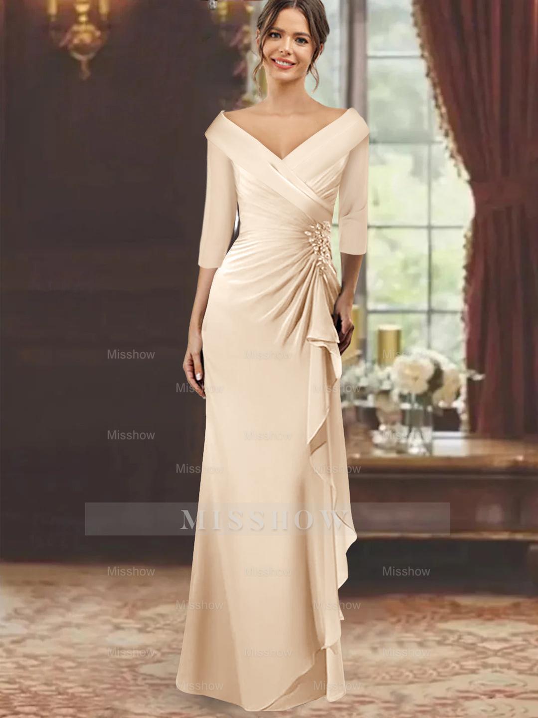V-Neck Floor-Length Mother of the Bride Dress with Ruffles and Appliques Half Sleeves