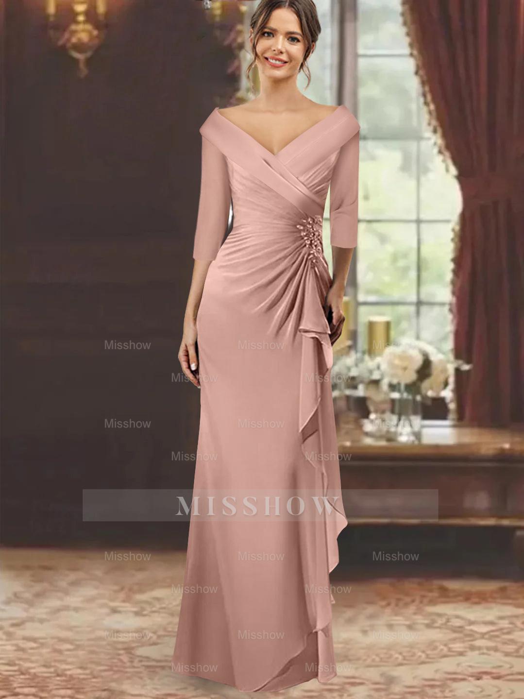 V-Neck Floor-Length Mother of the Bride Dress with Ruffles and Appliques Half Sleeves