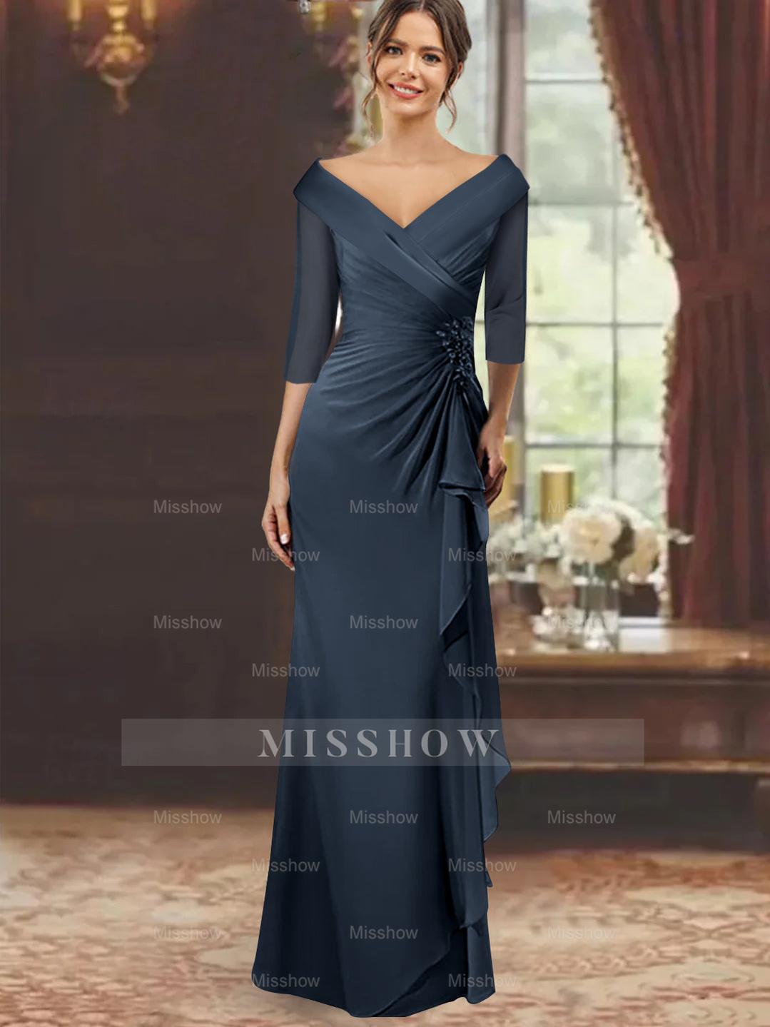 V-Neck Floor-Length Mother of the Bride Dress with Ruffles and Appliques Half Sleeves