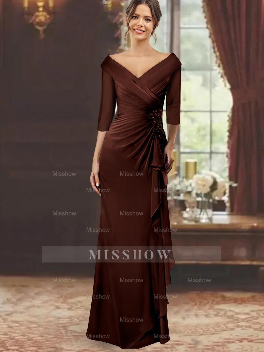 V-Neck Floor-Length Mother of the Bride Dress with Ruffles and Appliques Half Sleeves