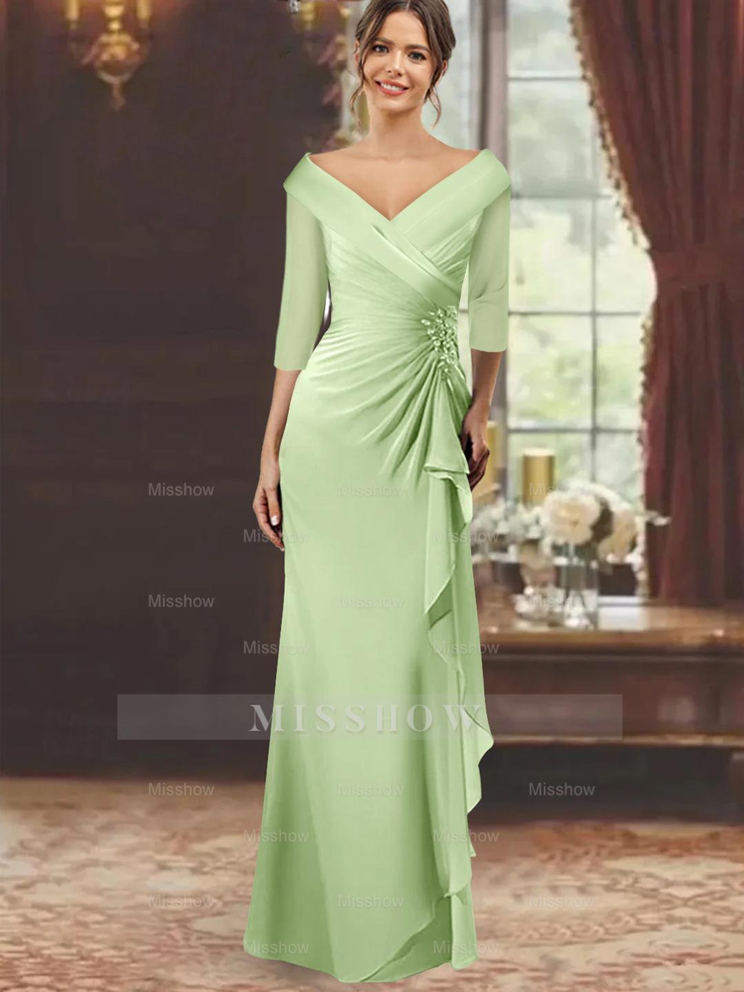 V-Neck Floor-Length Mother of the Bride Dress with Ruffles and Appliques Half Sleeves