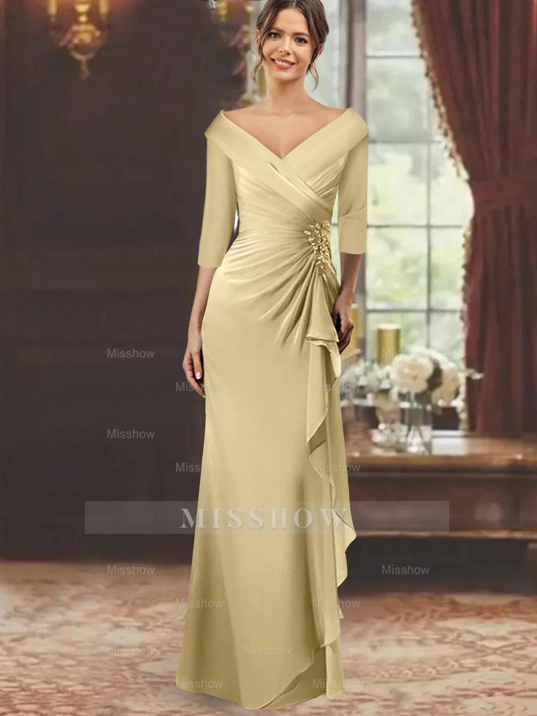 V-Neck Floor-Length Mother of the Bride Dress with Ruffles and Appliques Half Sleeves