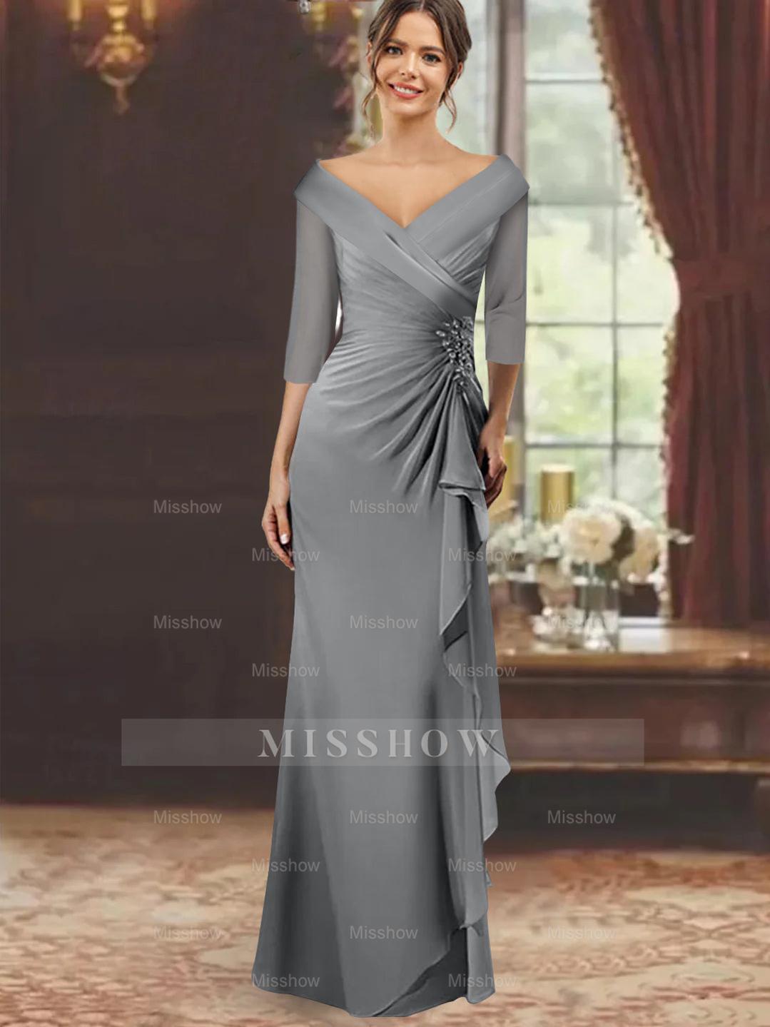 V-Neck Floor-Length Mother of the Bride Dress with Ruffles and Appliques Half Sleeves