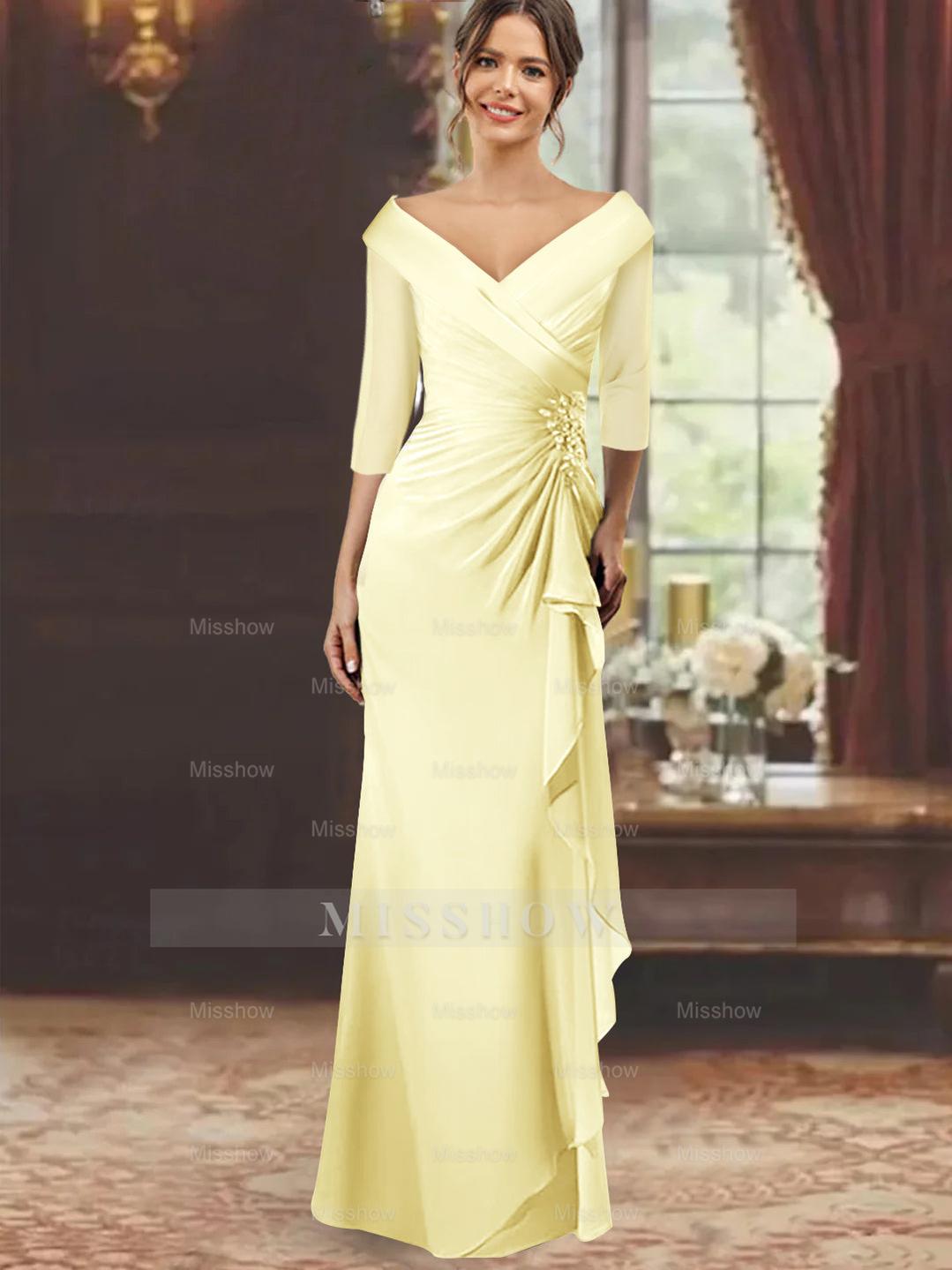 V-Neck Floor-Length Mother of the Bride Dress with Ruffles and Appliques Half Sleeves