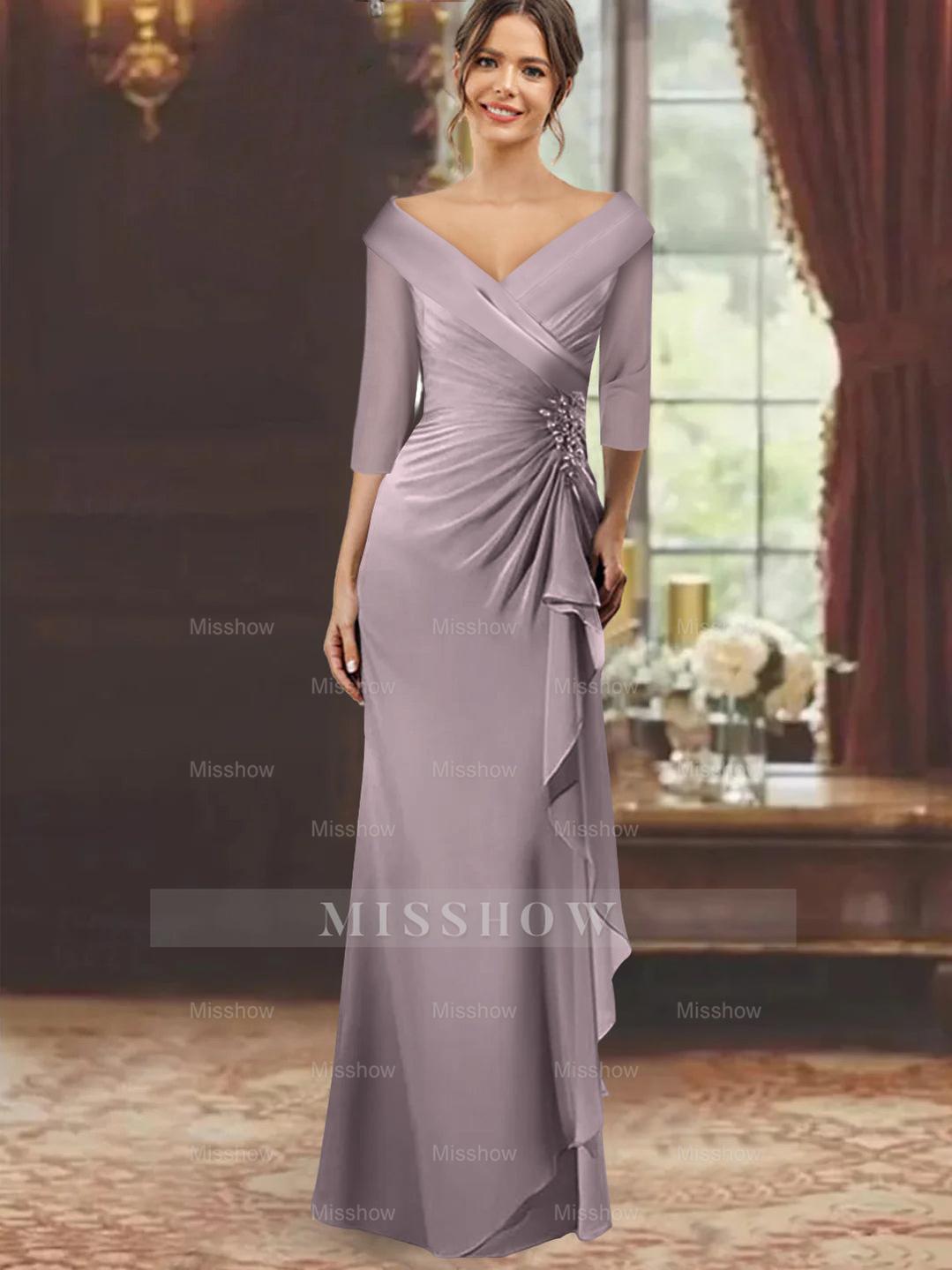V-Neck Floor-Length Mother of the Bride Dress with Ruffles and Appliques Half Sleeves