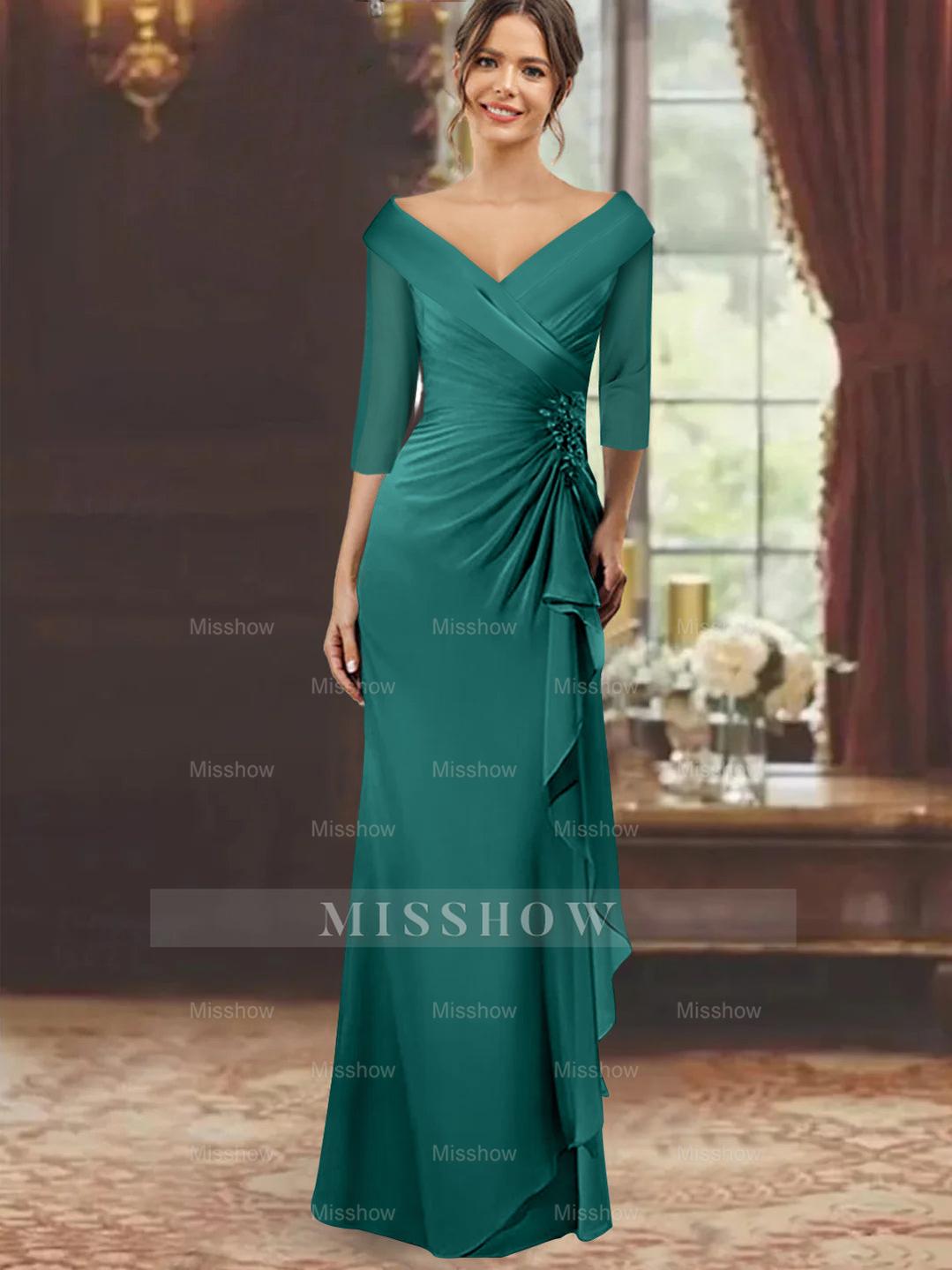 V-Neck Floor-Length Mother of the Bride Dress with Ruffles and Appliques Half Sleeves
