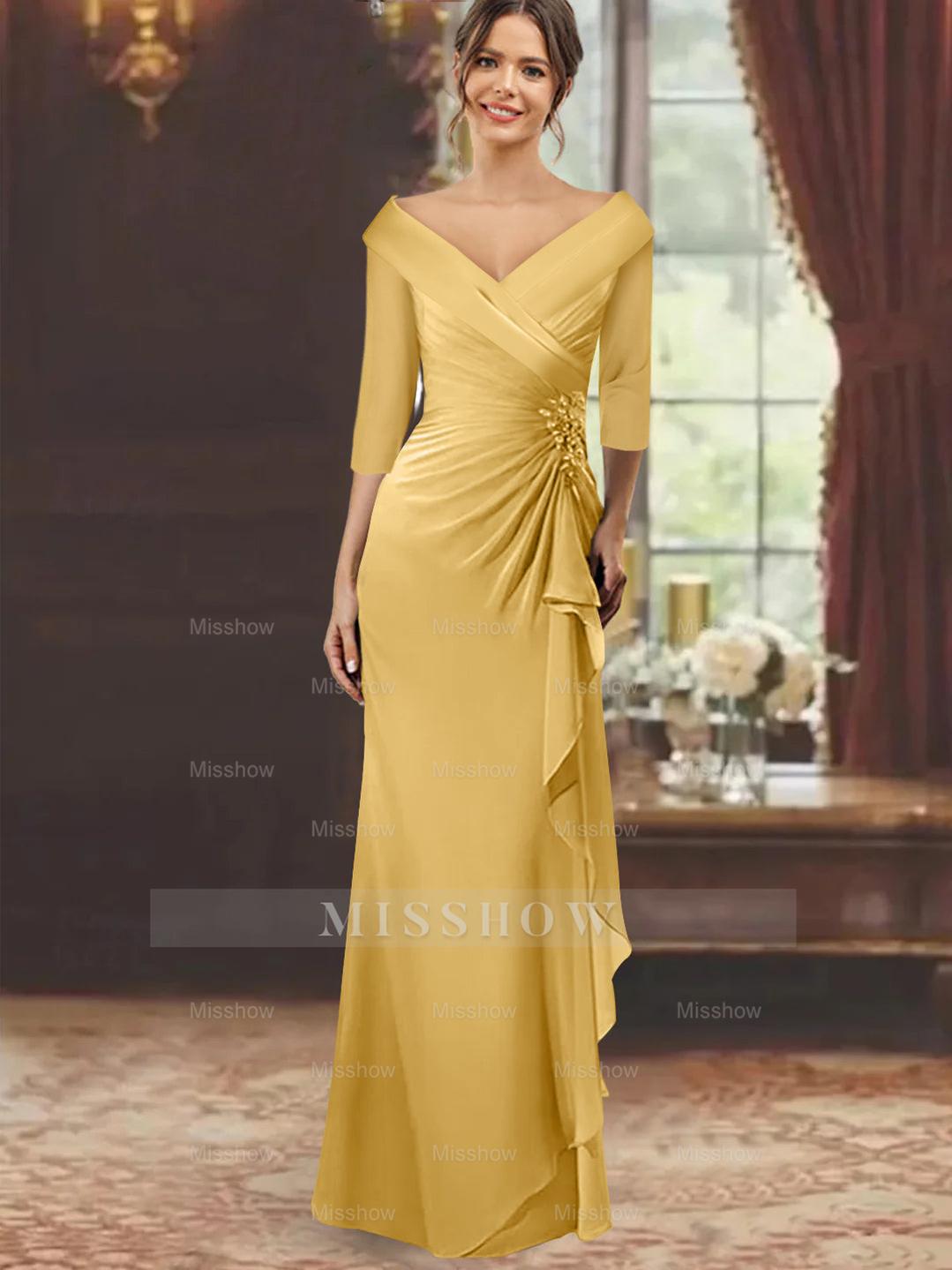 V-Neck Floor-Length Mother of the Bride Dress with Ruffles and Appliques Half Sleeves