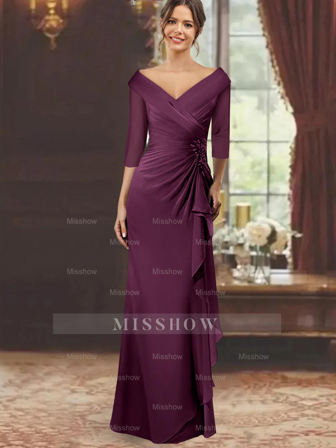 V-Neck Floor-Length Mother of the Bride Dress with Ruffles and Appliques Half Sleeves