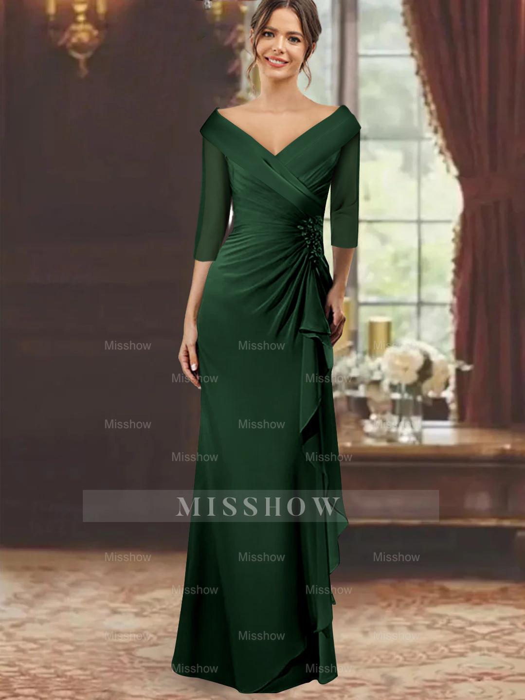 V-Neck Floor-Length Mother of the Bride Dress with Ruffles and Appliques Half Sleeves