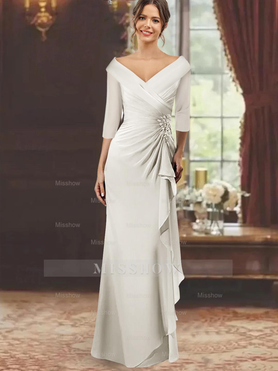 V-Neck Floor-Length Mother of the Bride Dress with Ruffles and Appliques Half Sleeves