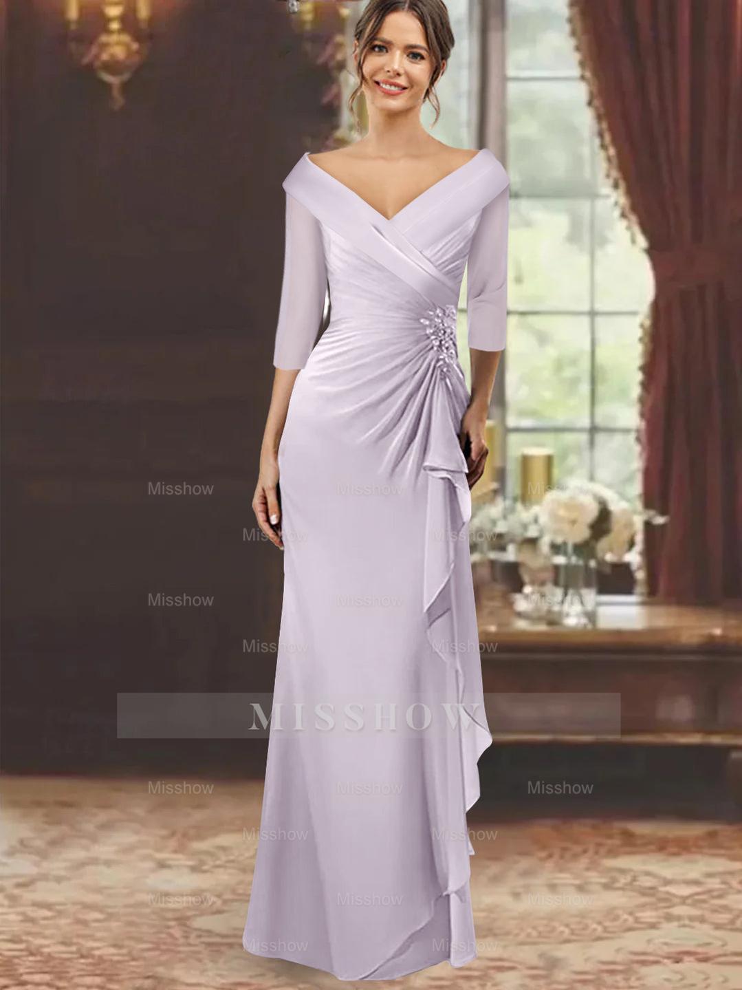 V-Neck Floor-Length Mother of the Bride Dress with Ruffles and Appliques Half Sleeves