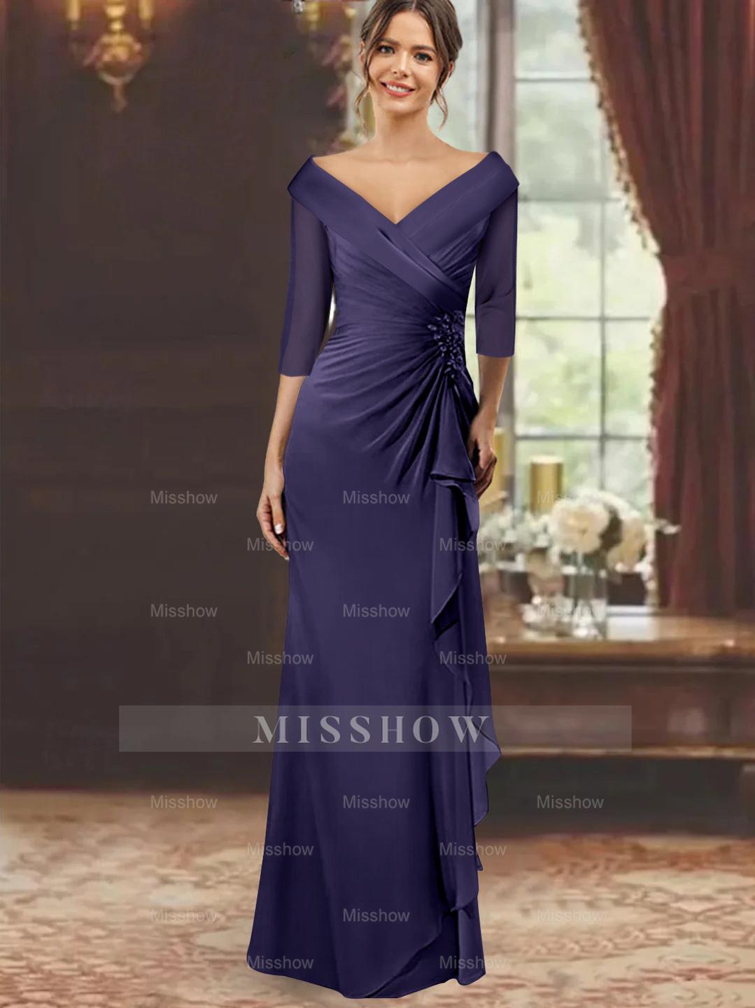 V-Neck Floor-Length Mother of the Bride Dress with Ruffles and Appliques Half Sleeves
