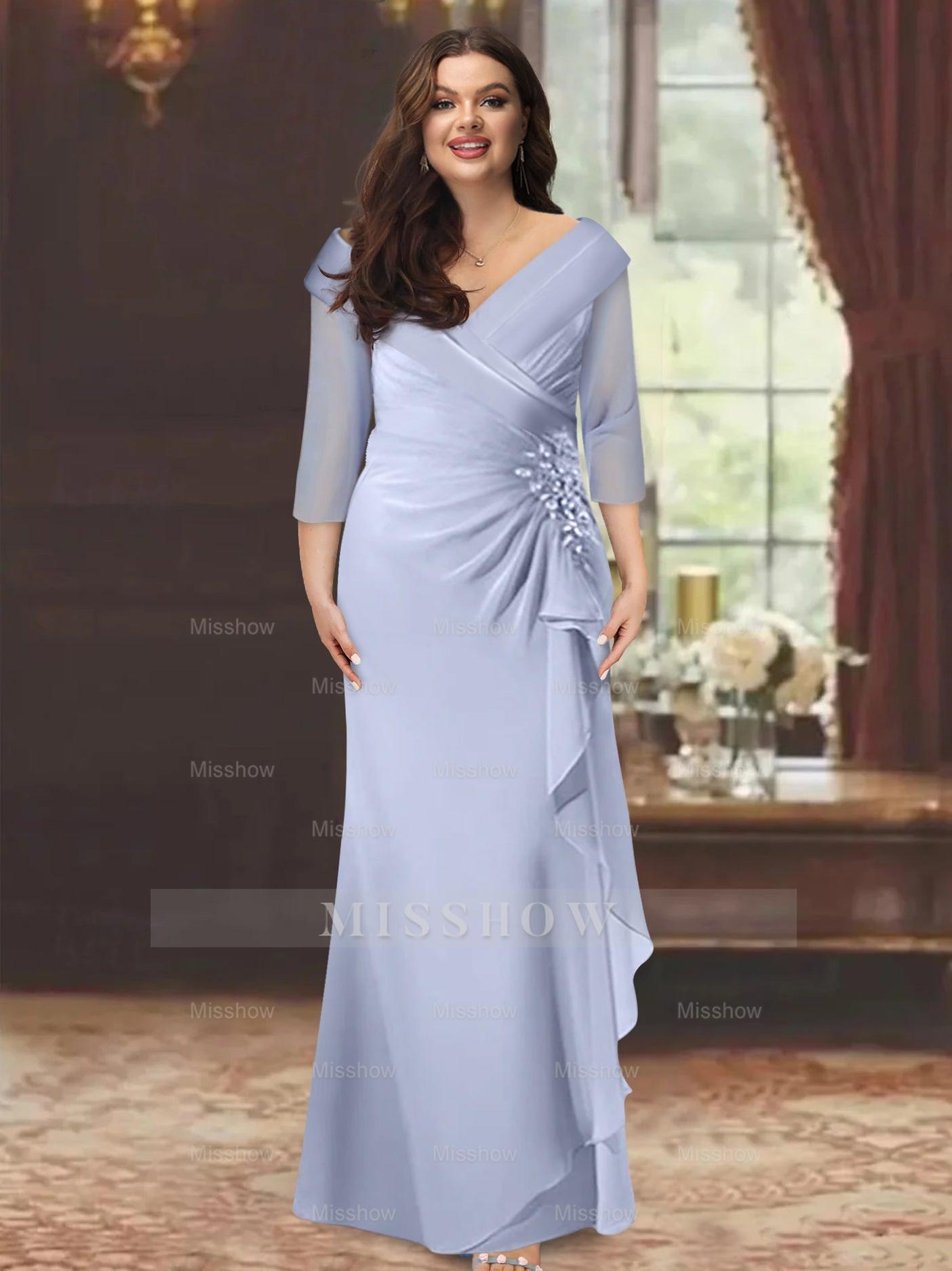 V-Neck Floor-Length Mother of the Bride Dress with Ruffles and Appliques Half Sleeves
