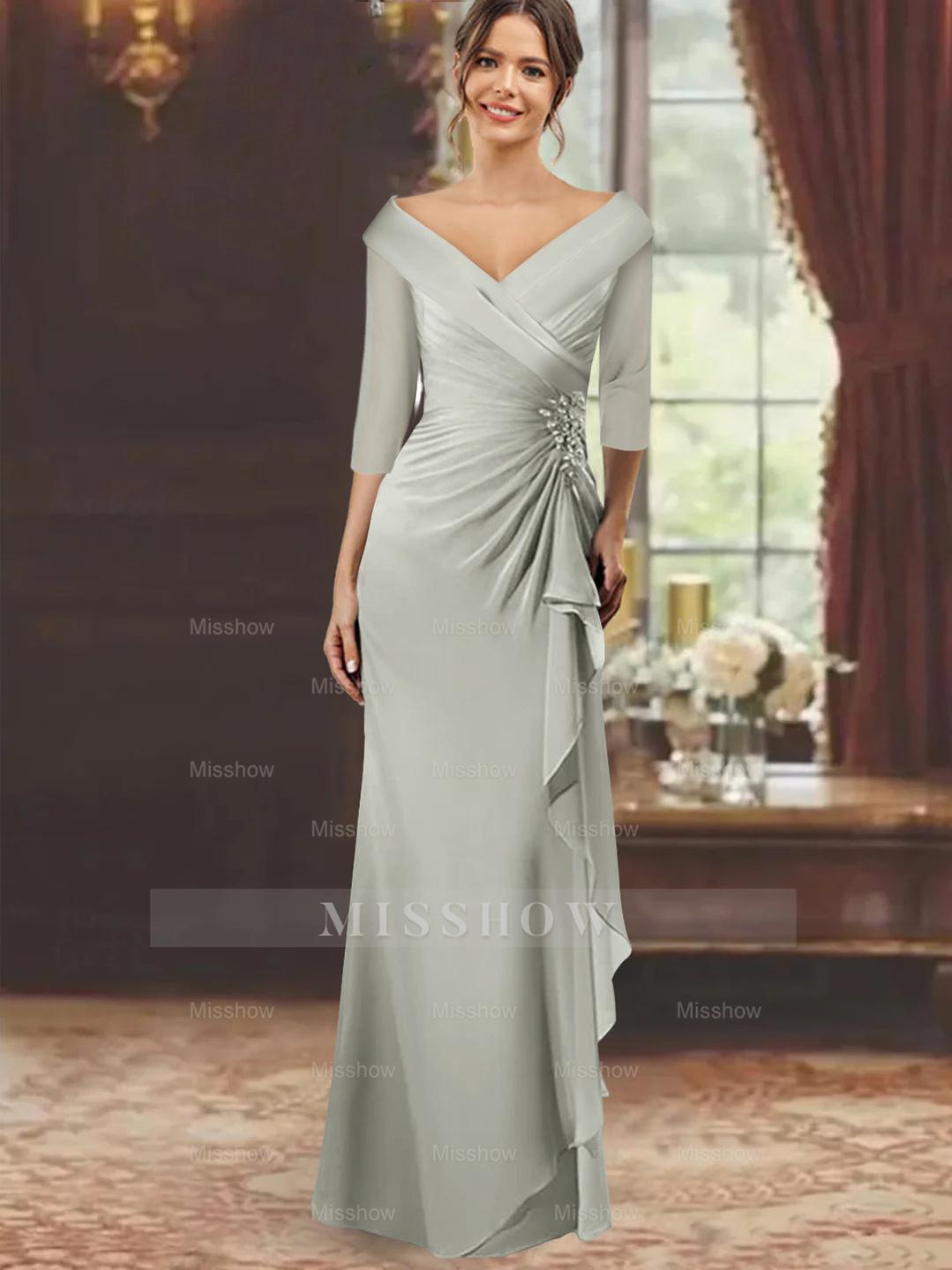 V-Neck Floor-Length Mother of the Bride Dress with Ruffles and Appliques Half Sleeves