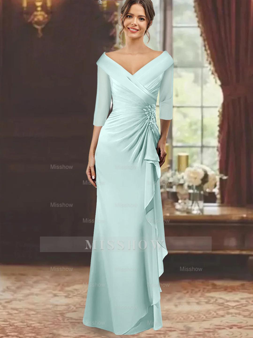 V-Neck Floor-Length Mother of the Bride Dress with Ruffles and Appliques Half Sleeves