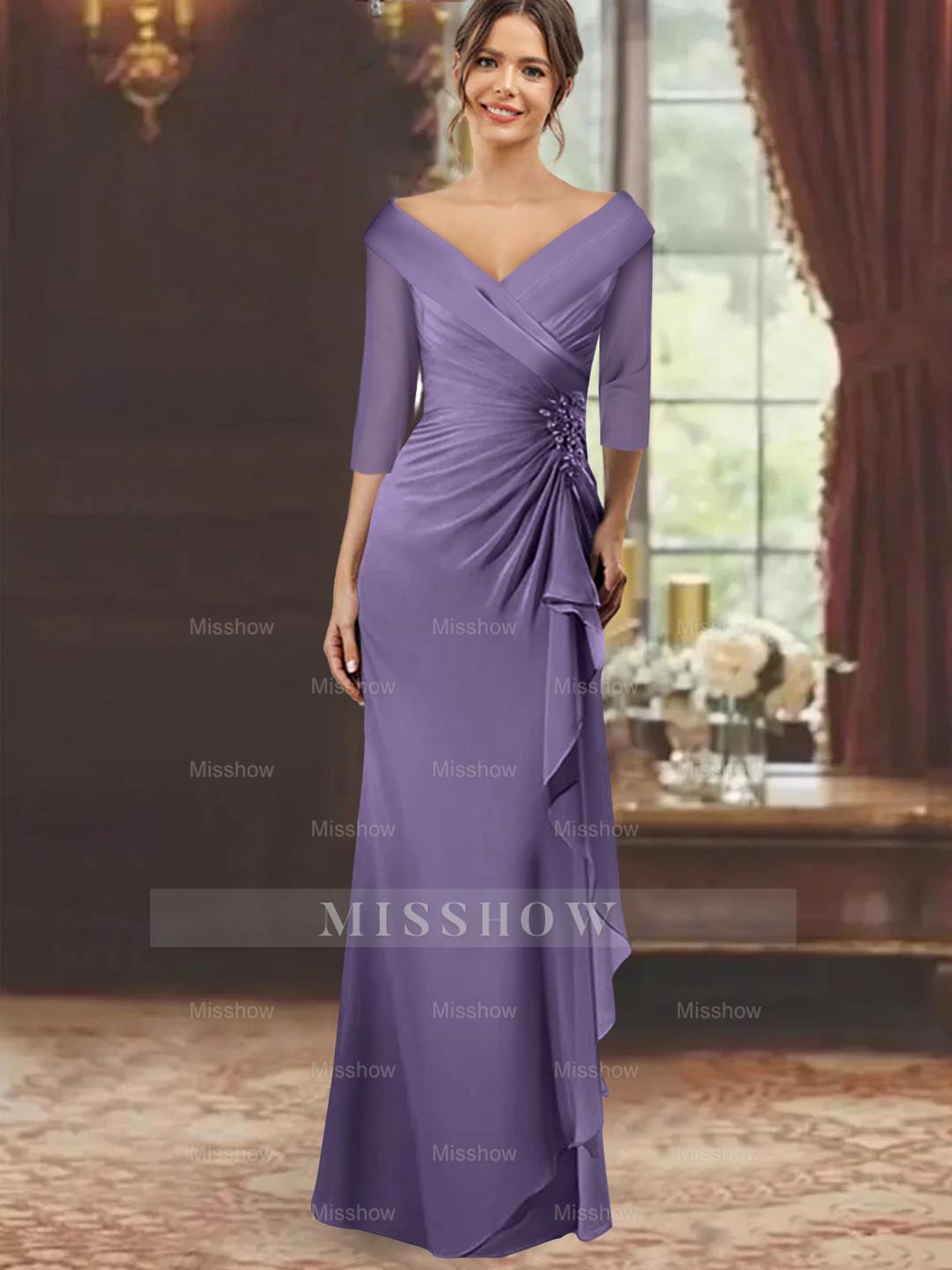 V-Neck Floor-Length Mother of the Bride Dress with Ruffles and Appliques Half Sleeves