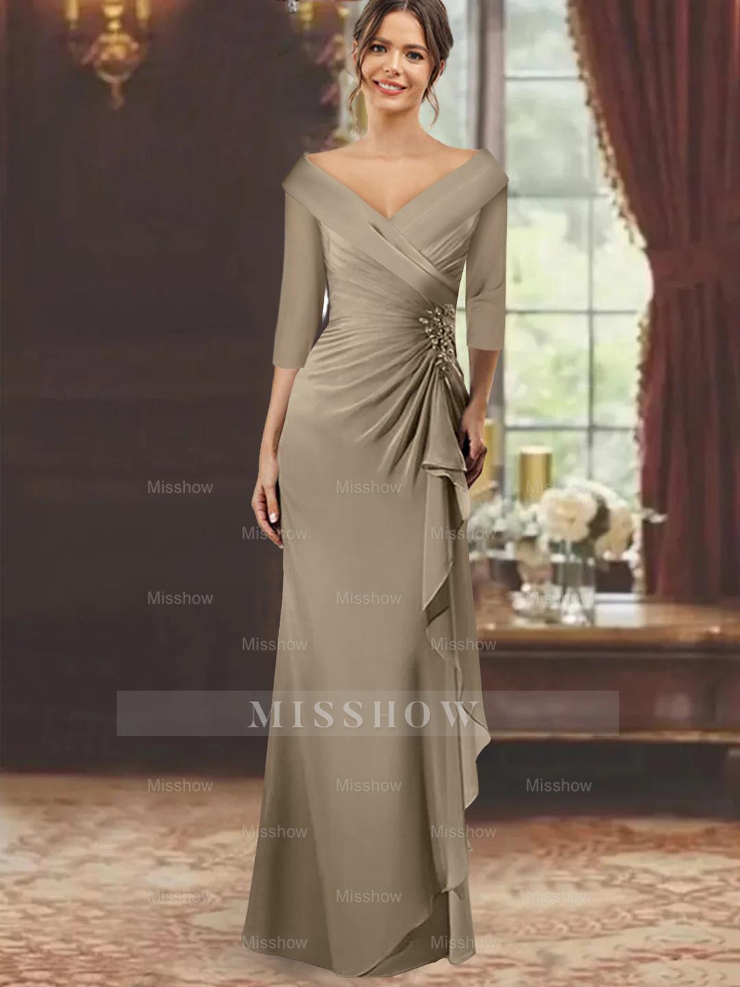 V-Neck Floor-Length Mother of the Bride Dress with Ruffles and Appliques Half Sleeves