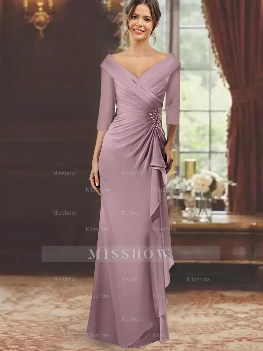 V-Neck Floor-Length Mother of the Bride Dress with Ruffles and Appliques Half Sleeves