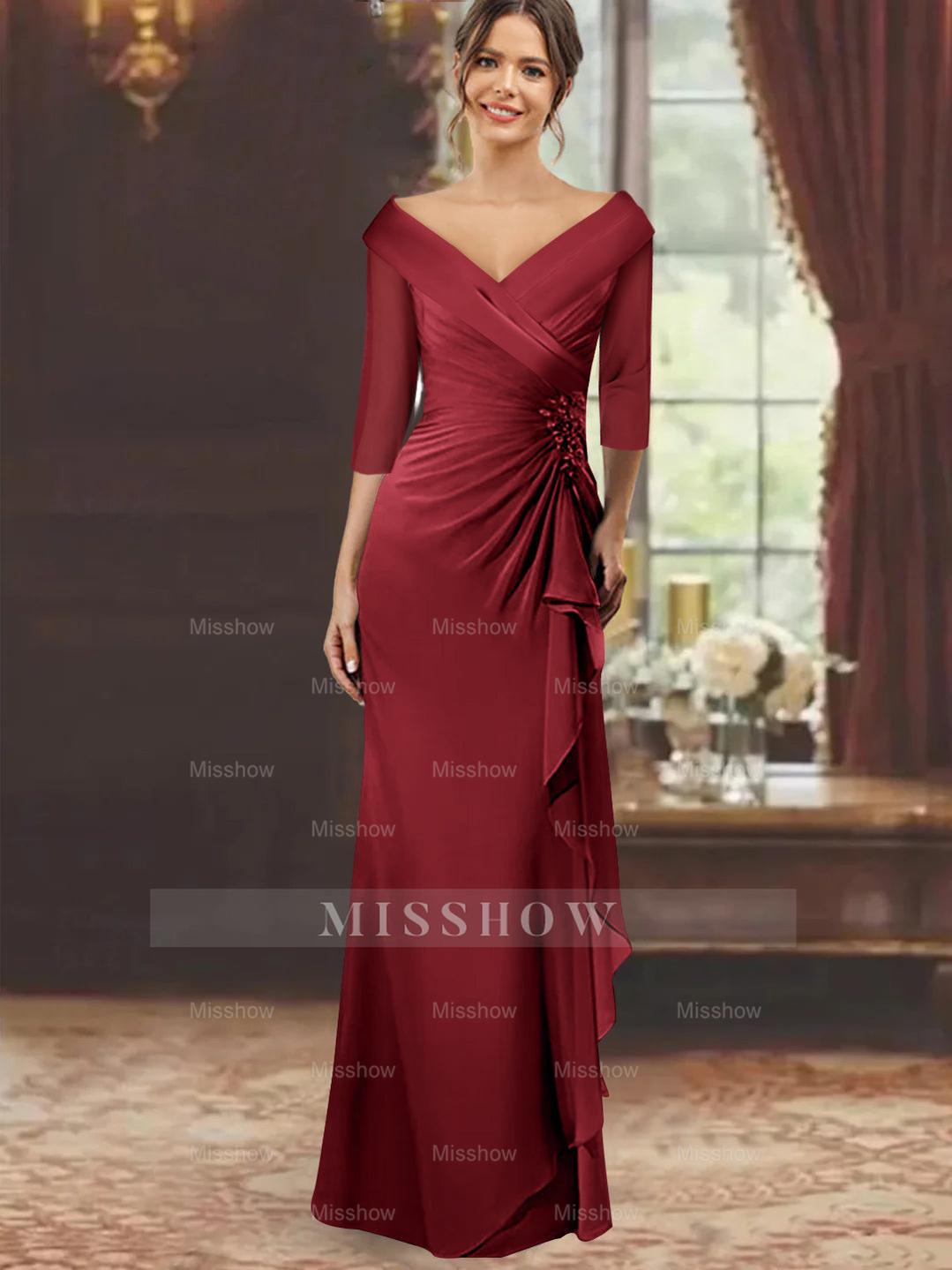 V-Neck Floor-Length Mother of the Bride Dress with Ruffles and Appliques Half Sleeves