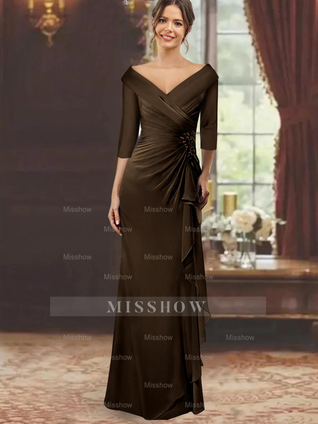 V-Neck Floor-Length Mother of the Bride Dress with Ruffles and Appliques Half Sleeves