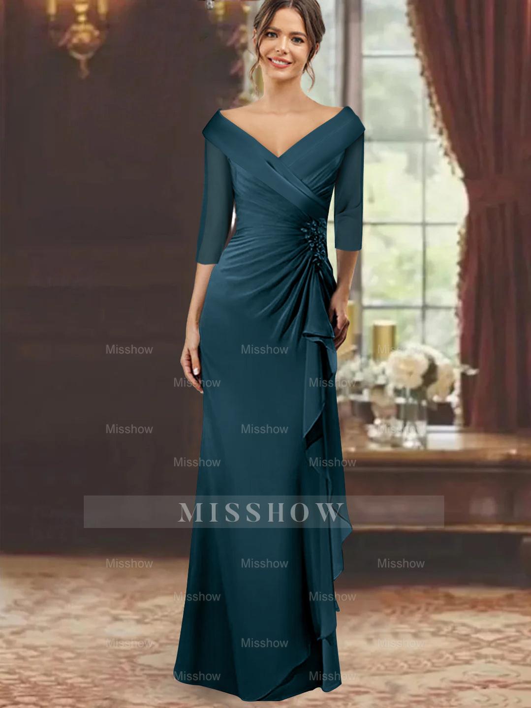 V-Neck Floor-Length Mother of the Bride Dress with Ruffles and Appliques Half Sleeves