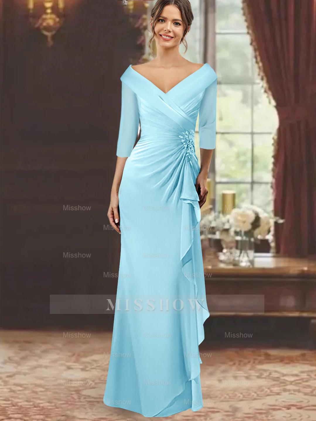 V-Neck Floor-Length Mother of the Bride Dress with Ruffles and Appliques Half Sleeves