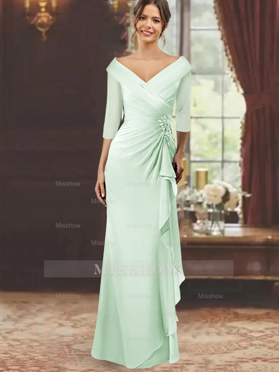 V-Neck Floor-Length Mother of the Bride Dress with Ruffles and Appliques Half Sleeves