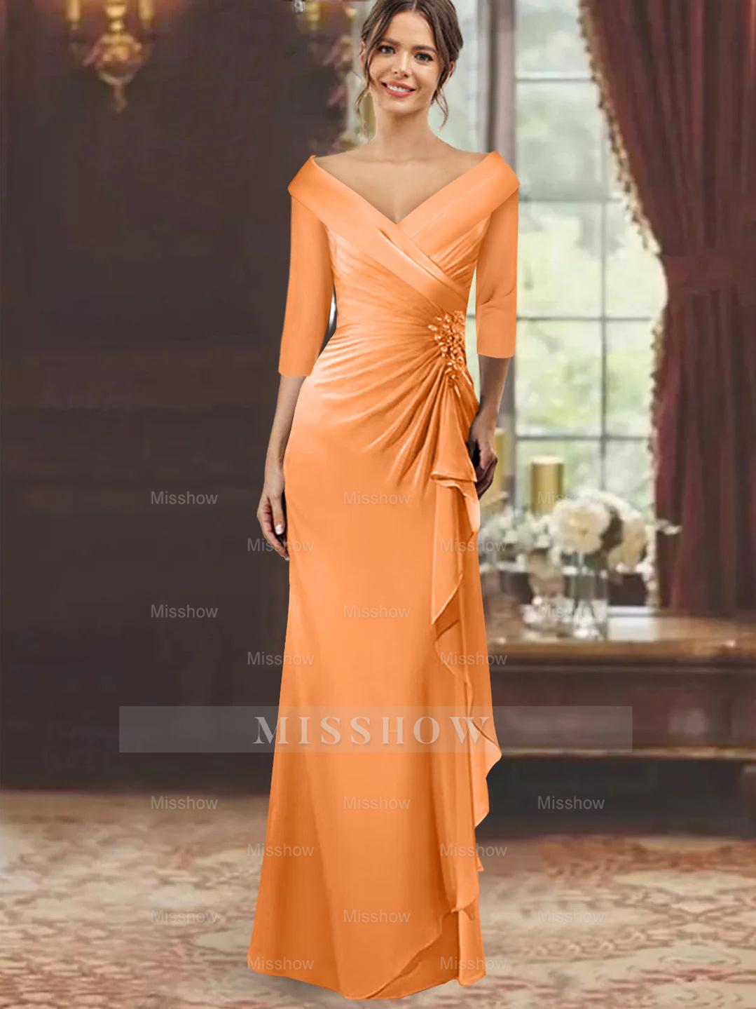 V-Neck Floor-Length Mother of the Bride Dress with Ruffles and Appliques Half Sleeves