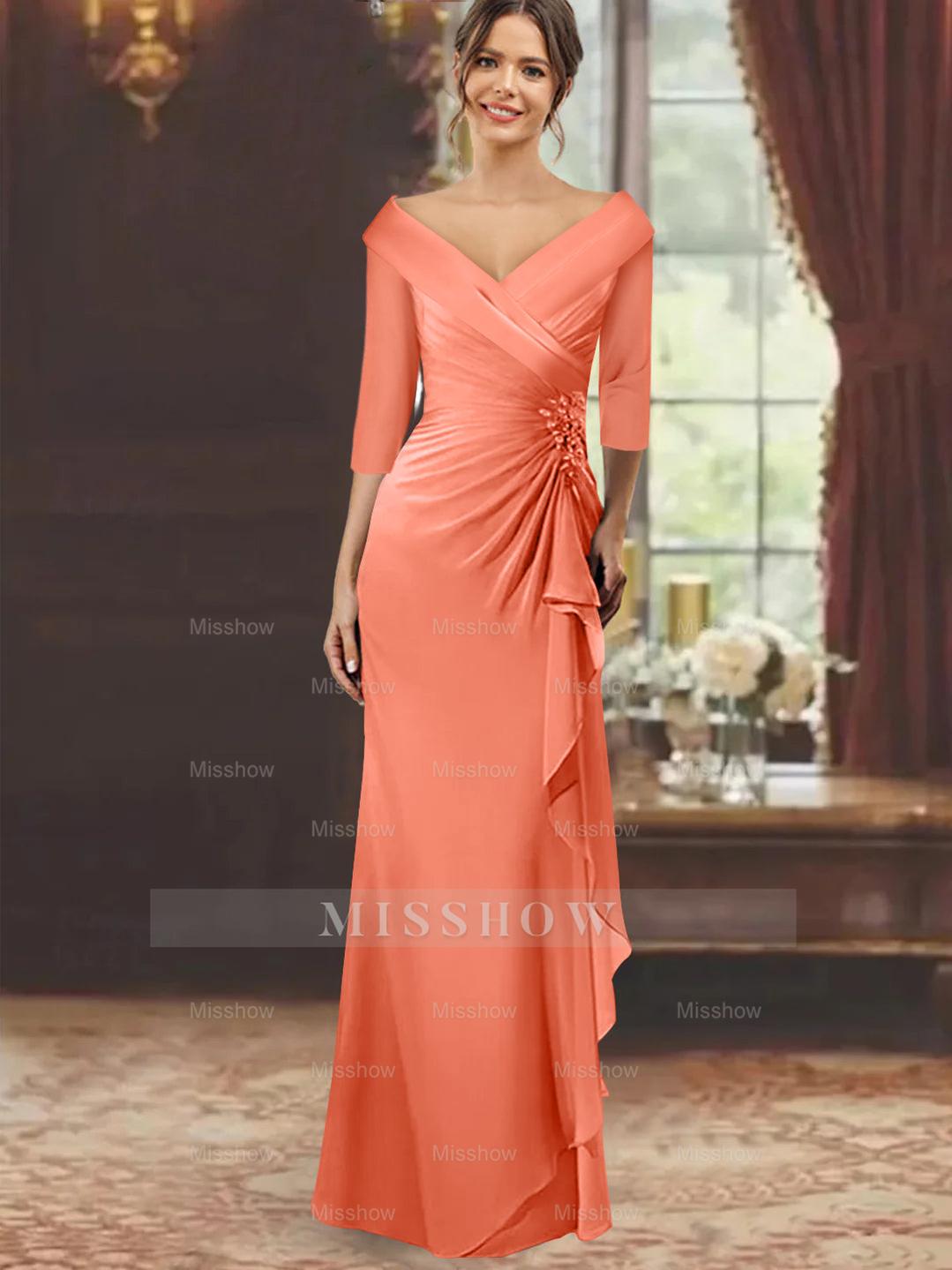 V-Neck Floor-Length Mother of the Bride Dress with Ruffles and Appliques Half Sleeves