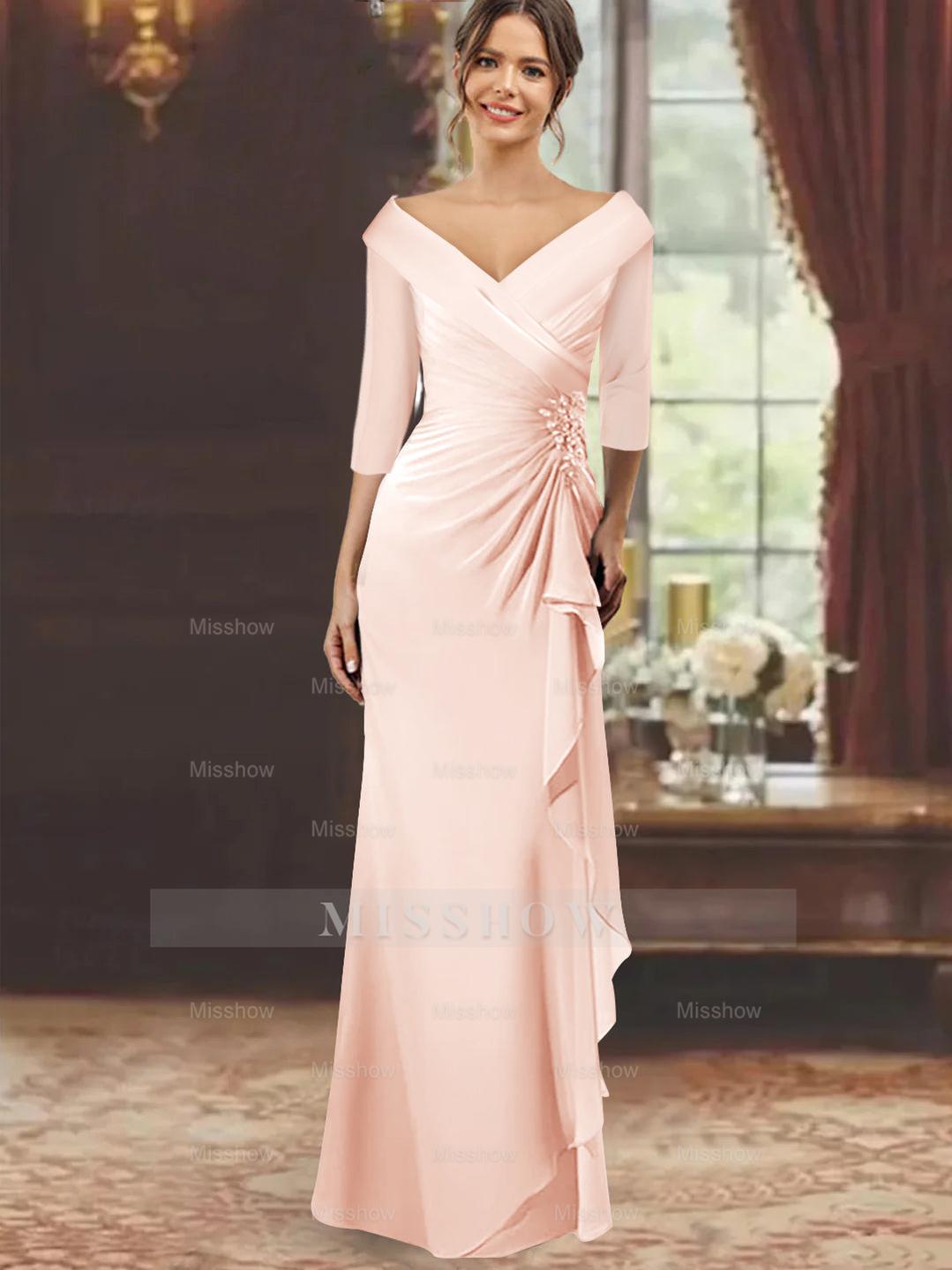 V-Neck Floor-Length Mother of the Bride Dress with Ruffles and Appliques Half Sleeves