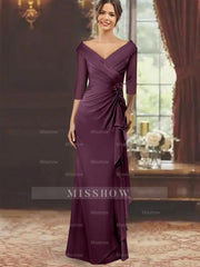 V-Neck Floor-Length Mother of the Bride Dress with Ruffles and Appliques Half Sleeves