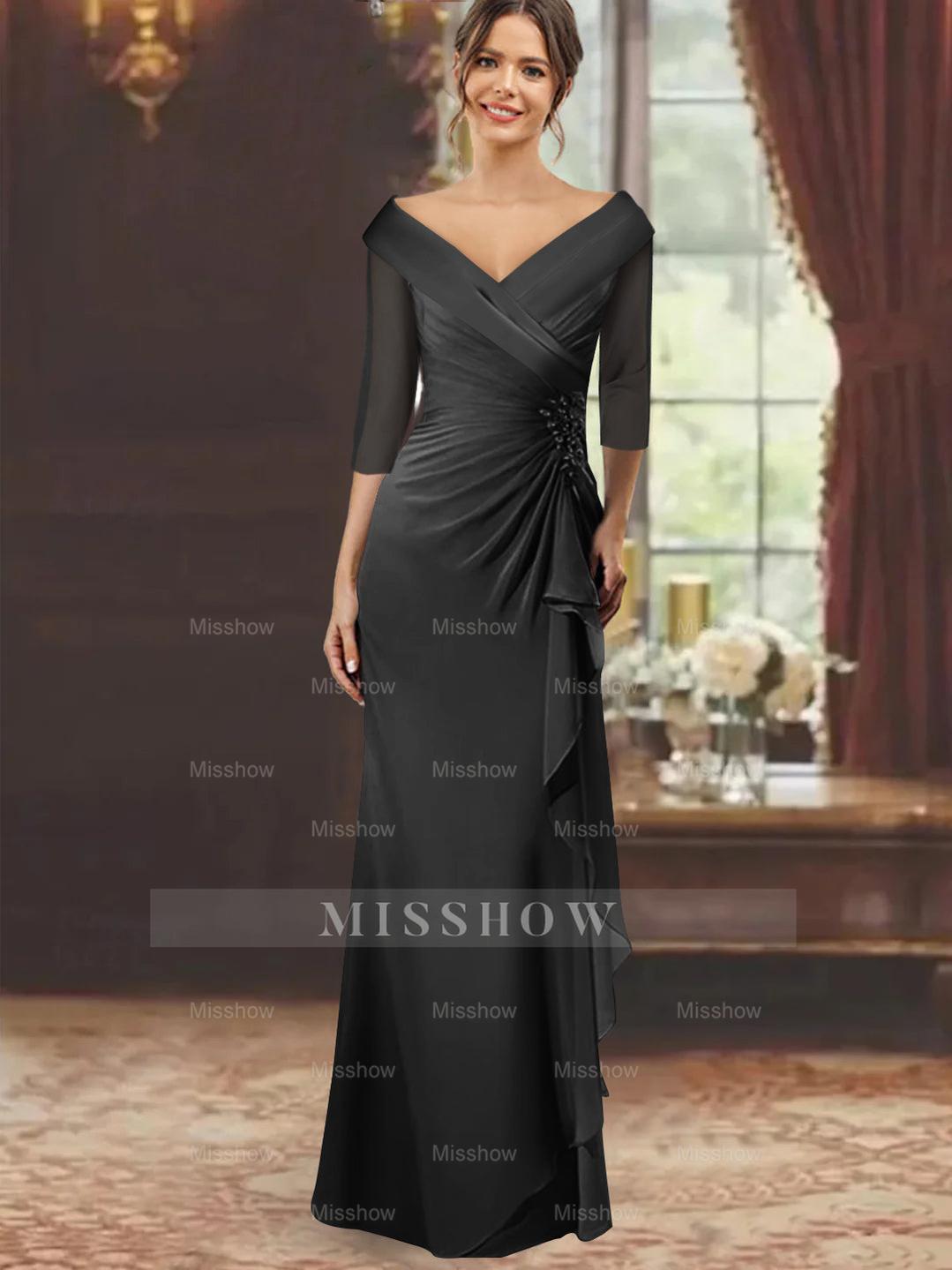 V-Neck Floor-Length Mother of the Bride Dress with Ruffles and Appliques Half Sleeves